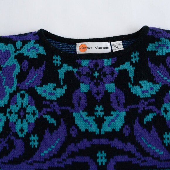 Vintage Country Concepts Black Purple Eclectic Grandma Knit Scoop Neck Sweater M - Picture 9 of 9